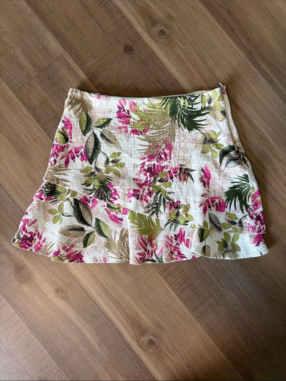 Aqua Floral Ruffle Hem Skater Skirt - Pink, Green & Cream
